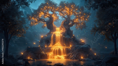 Enchanted forest scene with glowing trees and a cascading waterfall, evoking a sense of magic and tranquility at twilight.
