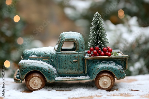 Vintage ceramic green truck with miniature Christmas tree