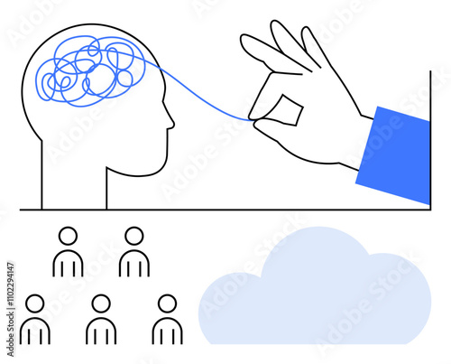 Brain with tangled lines hand untangling five figures, and cloud. Ideal for collaboration, teamwork, mental clarity, problem-solving, brainstorming, technology, and cloud computing. Line metaphor