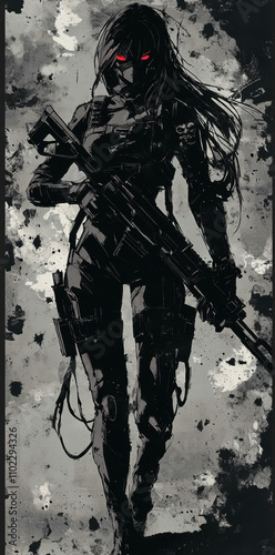 A female cyberpunk in black with long hair and red eyes, wearing full body armor and holding an assault rifle.