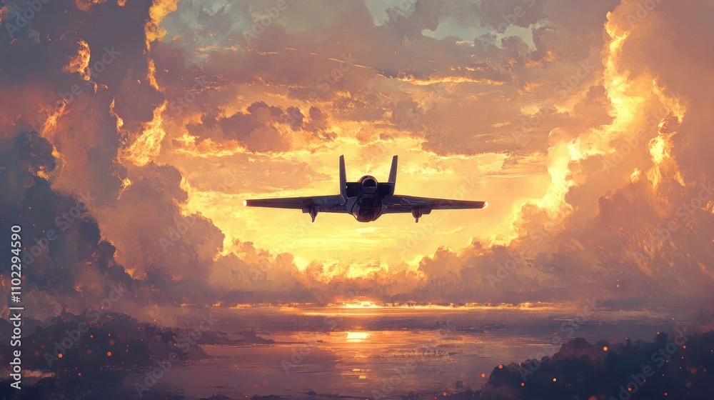 Fighter jet flying through sunset cloudscape. Fighter jet flying through sunset cloudscape.