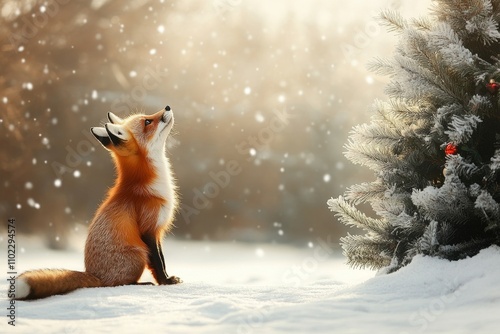 Fox in snowy forest near decorated outdoor Christmas tree