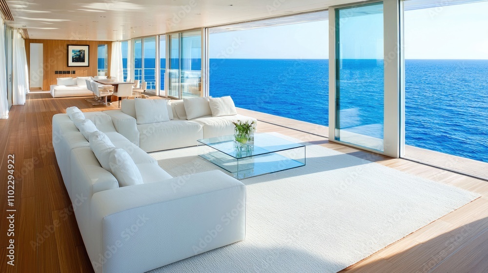 Fototapeta premium Modern coastal living room with ocean view luxury home interior design bright atmosphere inviting concept for relaxation