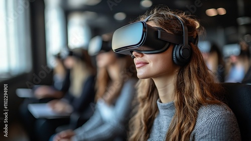 Businessperson Attending Virtual Seminar Using VR Headset Symbolizing Evolution of Business Learning