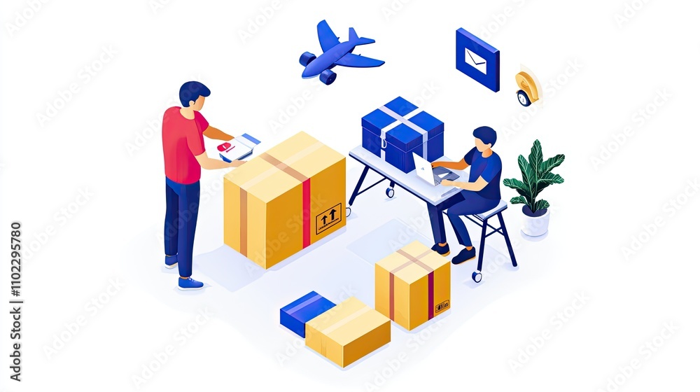 E-commerce packing and shipping workflow home office digital illustration modern workspace dynamic perspective logistics management E-commerce packing and shipping workflow home office digital illustration modern workspace dynamic perspective logistics management