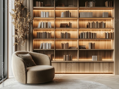 Cozy Reading Nook with Floating Wooden Shelves Modern Home Interior Design Minimalistic Warm Ambiance Aesthetic Style