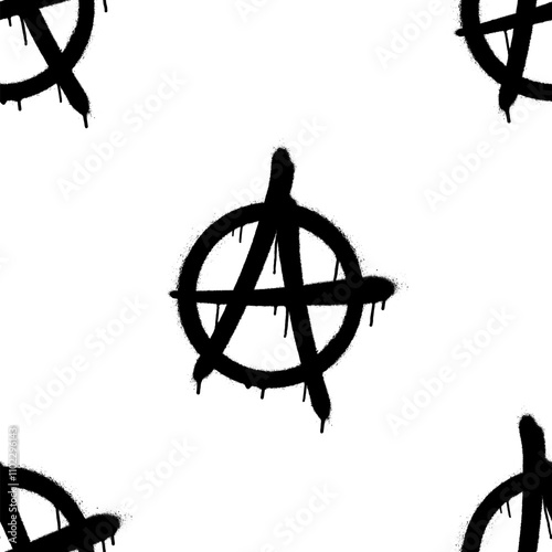 Seamless pattern of sprayed anarchy symbol with overspray in black over white. Vector illustration template