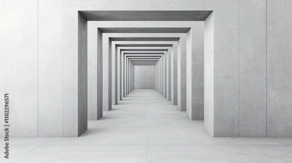 A minimalist hallway with multiple rectangular doorways leading into a bright, empty space, creating a sense of depth and perspective. A minimalist hallway with multiple rectangular doorways leading into a bright, empty space, creating a sense of depth and perspective.
