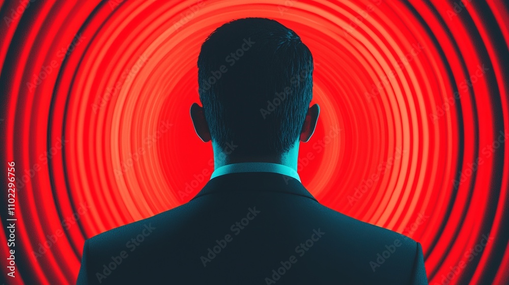 Intriguing Silhouette of a Man in a Suit Against a Red Concentric Circle Background Intriguing Silhouette of a Man in a Suit Against a Red Concentric Circle Background