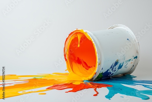 A vibrant scene with spilled bright orange and yellow paint from a white bucket on a light background. photo