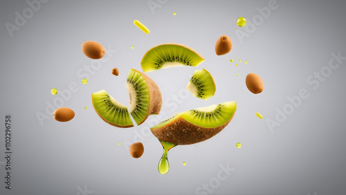 Deconstructed kiwi fruit reassembling in mid-air, complete with flying seeds and juice droplets. photo