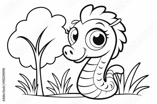 cute Seahorse, some grass and a tree, coloring book 