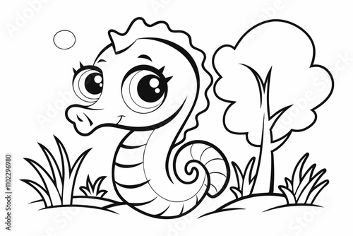 cute Seahorse, some grass and a tree, coloring book 