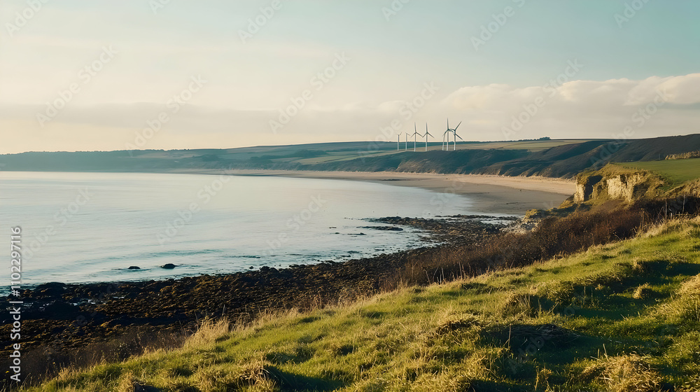 A serene coastal landscape featuring a beach, cliffs, and wind turbines in the distance. A serene coastal landscape featuring a beach, cliffs, and wind turbines in the distance.