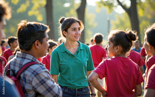 Teacher talking to students outdoors during school trip