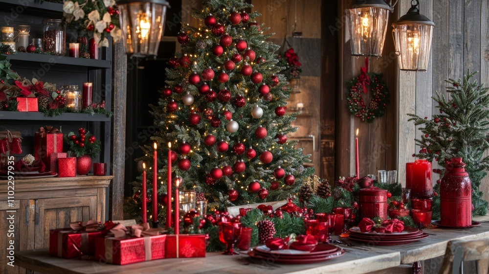 Festive christmas table decor with red ornaments and candles. Festive christmas table decor with red ornaments and candles.