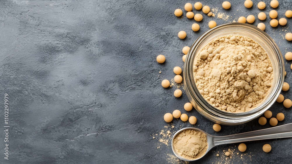 A high-resolution shot of soy-based protein powder in a glass jar with a scoop, highlighting sustainable plant-based protein alternatives. A high-resolution shot of soy-based protein powder in a glass jar with a scoop, highlighting sustainable plant-based protein alternatives.
