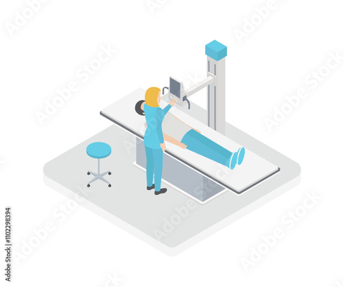 Isometric 3D vector illustration roentgen x-ray study. Diagnosis and search for the disease with magnetic radiation. The doctor scans the patient with x-ray