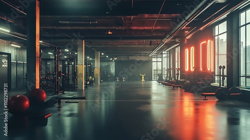 A spacious industrial workout hall with a minimalist design, large open space, dark polished floors, and dramatic neon lights highlighting workout zones, set in a modern ambient style.