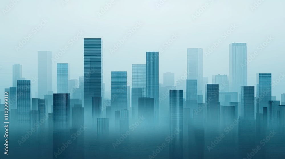 A misty urban skyline featuring tall, geometric buildings with a cool color palette, creating a serene yet modern atmosphere. A misty urban skyline featuring tall, geometric buildings with a cool color palette, creating a serene yet modern atmosphere.
