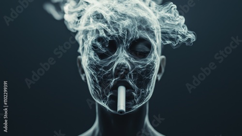 Surreal Representation of Damaged Lungs with Swirling Vapor Trails Emanating from a Face, Exploring the Consequences of Smoking and Air Quality