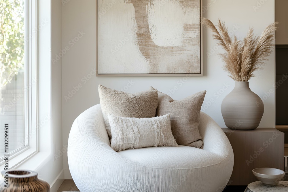 Cozy nook with a round snuggle chair, plush pillows, abstract wall art, and vases in a soft neutral-toned modern entryway Cozy nook with a round snuggle chair, plush pillows, abstract wall art, and vases in a soft neutral-toned modern entryway