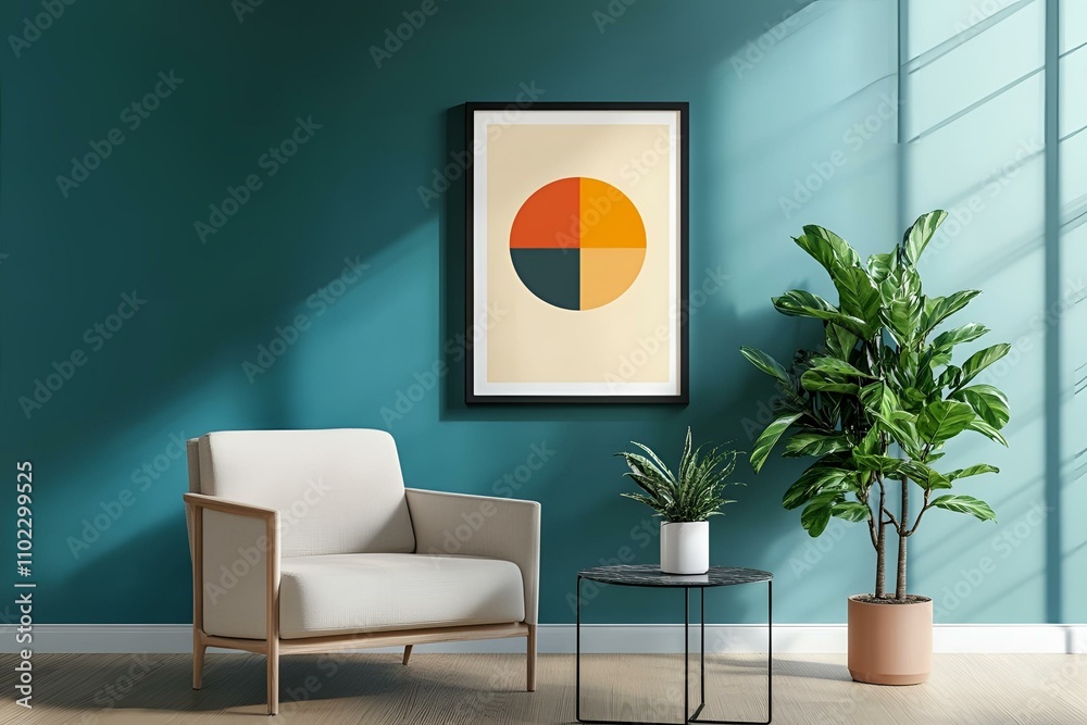Cozy room with an armchair, a houseplant on a coffee table, and a framed artwork against a serene blue wall Cozy room with an armchair, a houseplant on a coffee table, and a framed artwork against a serene blue wall
