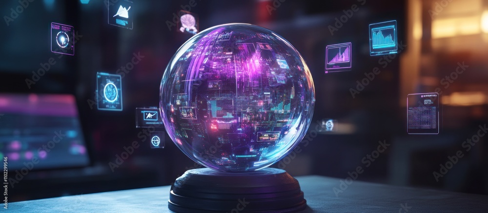 Crystal ball with futuristic data visualization. Crystal ball with futuristic data visualization.