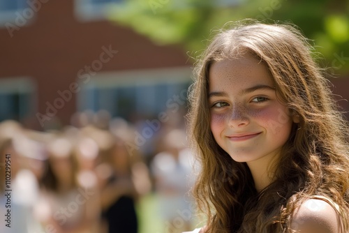 Middle School Graduation. Young Teen Girl with Awards and Diploma after Middle School Ceremony photo