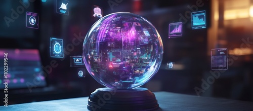 Crystal ball with futuristic data visualization.