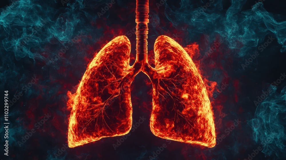 Lungs Engulfed in a Smoky Vortex, Representing the Dangers of Air Pollution and Health Impacts, with Fiery Effects to Emphasize the Severity of Environmental Issues Lungs Engulfed in a Smoky Vortex, Representing the Dangers of Air Pollution and Health Impacts, with Fiery Effects to Emphasize the Severity of Environmental Issues