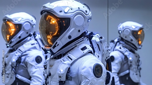 Three astronauts in futuristic suits stand in a row.