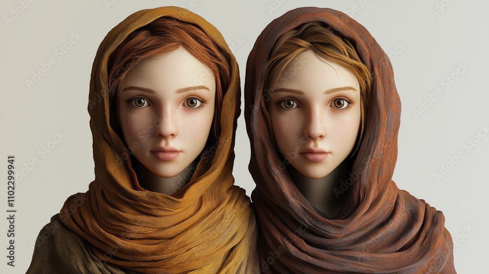 Lifelike Gemini portrait of twin figures with distinct features, balanced expressions of curiosity and wisdom, one with a bright scarf, the other with a dark accessory, set against Lifelike Gemini portrait of twin figures with distinct features, balanced expressions of curiosity and wisdom, one with a bright scarf, the other with a dark accessory, set against