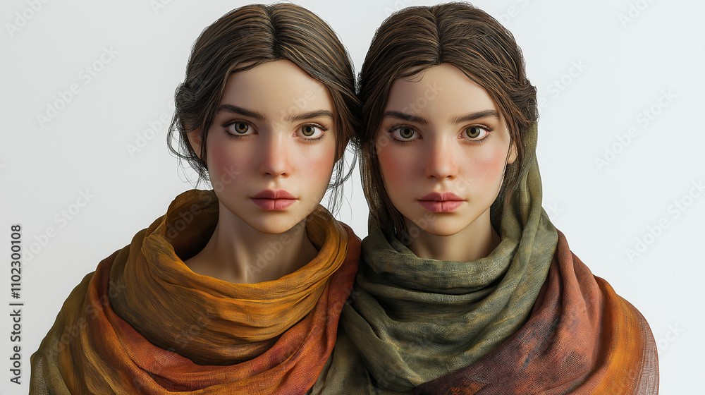 Lifelike Gemini portrait of twin figures with distinct features, balanced expressions of curiosity and wisdom, one with a bright scarf, the other with a dark accessory, set against Lifelike Gemini portrait of twin figures with distinct features, balanced expressions of curiosity and wisdom, one with a bright scarf, the other with a dark accessory, set against