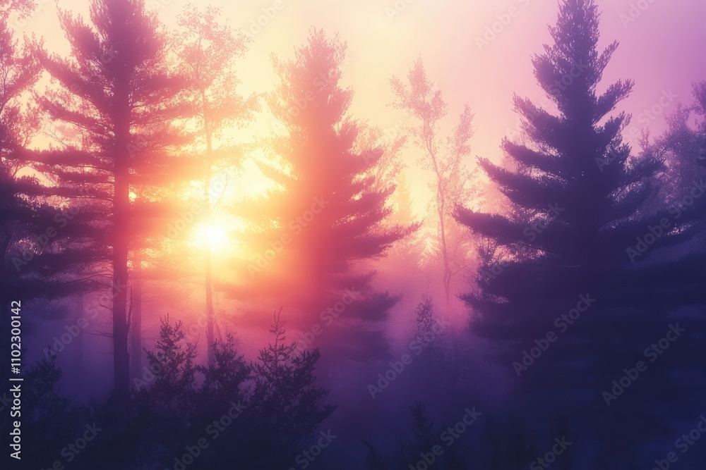 Minnesota Forest. Pine Trees at Dawn in Northern Forest Bathed in Morning Light