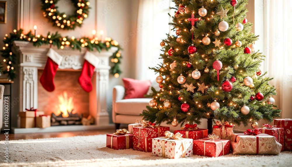 The Christmas tree is decorated with red, gold, and silver ornaments, creating a festive atmosphere. The Christmas tree is decorated with red, gold, and silver ornaments, creating a festive atmosphere.