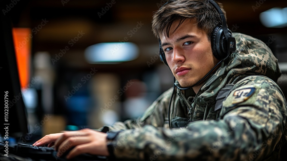 Fototapeta premium Veteran providing customer support on a help desk during a service operation