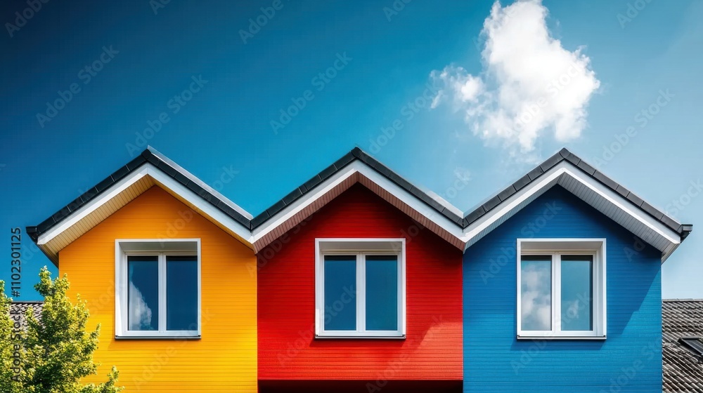 Vibrant and Colorful House Facade with Bright Red, Yellow, and Blue Siding Under Clear Blue Sky and Fluffy Clouds for Modern Architecture or Design Projects Vibrant and Colorful House Facade with Bright Red, Yellow, and Blue Siding Under Clear Blue Sky and Fluffy Clouds for Modern Architecture or Design Projects