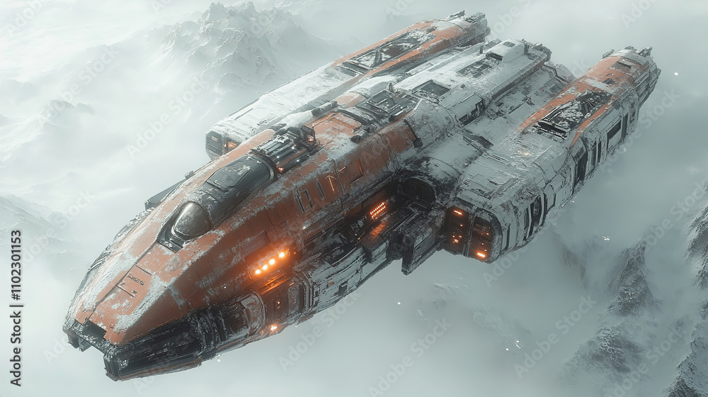 Futuristic spaceship navigating through snowy mountains in a sci-fi setting at dusk. Generative AI