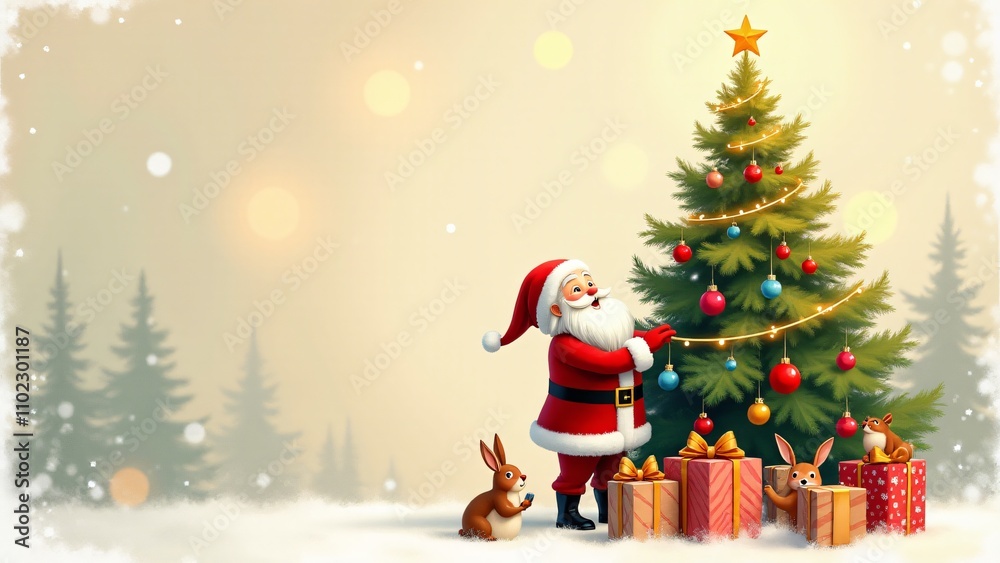 Santa Claus joyfully interacts with adorable bunnies near a beautifully decorated Christmas tree, surrounded by gifts in a snowy wonderland. A heartwarming festive scene. Santa Claus joyfully interacts with adorable bunnies near a beautifully decorated Christmas tree, surrounded by gifts in a snowy wonderland. A heartwarming festive scene.