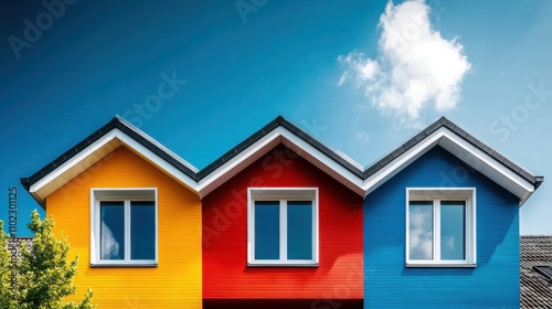 Vibrant and Colorful House Facade with Bright Red, Yellow, and Blue Siding Under Clear Blue Sky and Fluffy Clouds for Modern Architecture or Design Projects