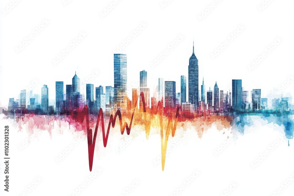 Modern city skyline with vibrant soundwave design and colorful gradients blending into urban landscape Modern city skyline with vibrant soundwave design and colorful gradients blending into urban landscape