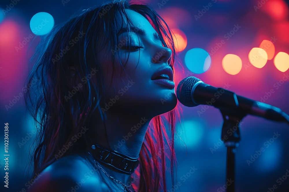 A young woman sings passionately into a karaoke microphone. A young woman sings passionately into a karaoke microphone.