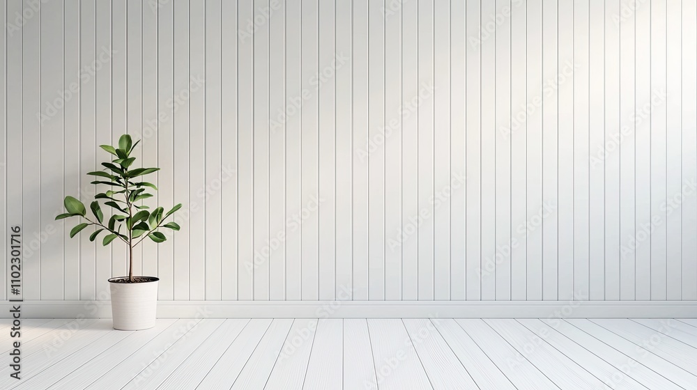 A minimalist interior featuring a white wooden wall and a potted plant on the floor, creating a serene and bright atmosphere. A minimalist interior featuring a white wooden wall and a potted plant on the floor, creating a serene and bright atmosphere.