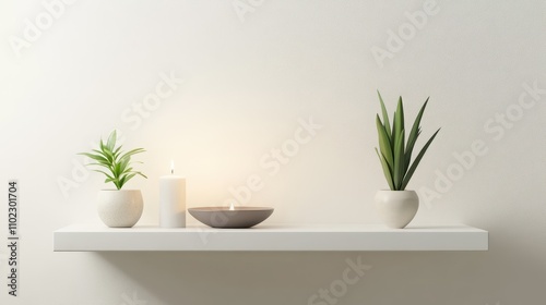 Minimal Decor with Potted Plants and Candle on Floating Shelves