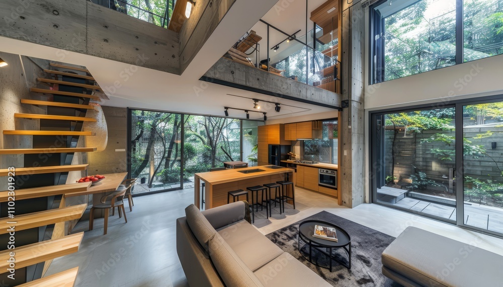 Obraz premium Stunning modern loft living room design with concrete walls in a chic studio apartment