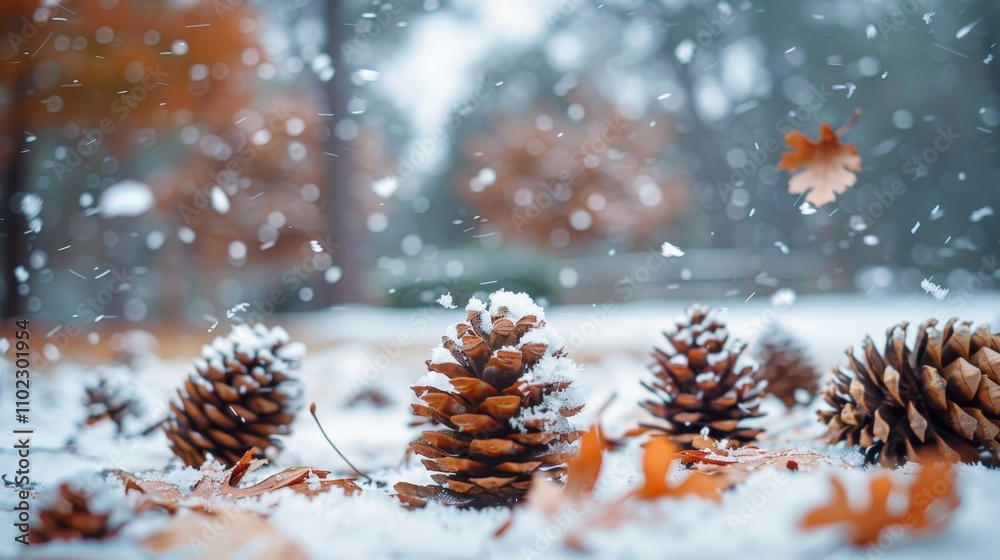 Serene winter forest landscape featuring snow covered pine trees and fallen pine cones Serene winter forest landscape featuring snow covered pine trees and fallen pine cones