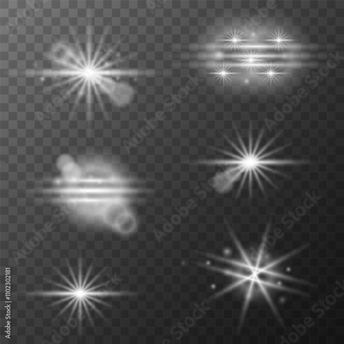 Bright sparkling light effects on a transparent background for design elements and creative projects. Vector illustration