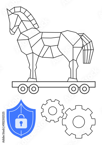 Geometric Trojan horse on wheels with a blue shield lock and two gear symbols. Ideal for cybersecurity, technology, internet safety, digital protection, IT security, software development, system