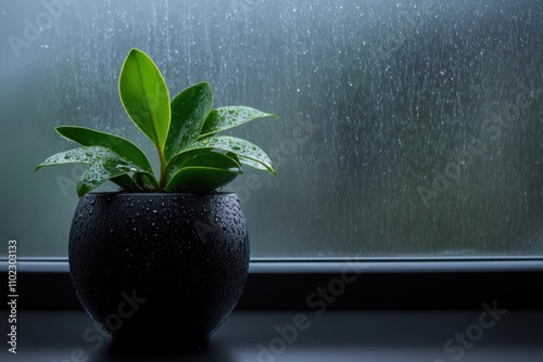 rainy day comfort, calm blue monday afternoon with soft rain tapping on the window, creating a serene symphony in a peaceful environment